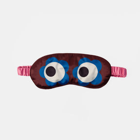Caroline Gardner burgundy satin eye mask with blue floral eyes and a pink elasticated strap