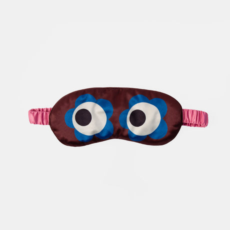 Caroline Gardner burgundy satin eye mask with blue floral eyes and a pink elasticated strap