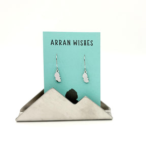 Arran Wishes Arran Earrings: hypoallergenic silver earrings shaped like small clouds, displayed on a turquoise "ARRAN WISHES" card in a silver mountain-design stand—perfect for sensitive ears.