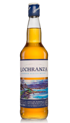 A 70cl bottle of Lochranza Blended Scotch Whisky with a stunning landscape label showcasing a coastal scene, capped with a metal top and featuring a clear neck to display the amber liquid inside.