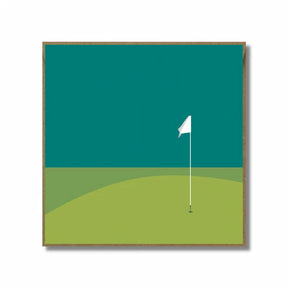 Golf Flag Greetings Card featuring a minimalist illustration of a golf course with a white flag on a green field and teal sky, all within a simple brown frame.