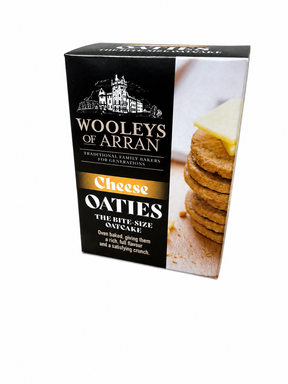 A box of Wooleys of Arran Cheese Oaties, showing stacked oatcakes with cheese on the right and product branding on a black background to the left.