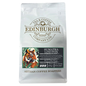 A white bag of Sumatra Lington Ground Coffee 200 g | Edinburgh Tea & Coffee Company featuring an illustration of a tiger, product information, and notes of chocolate and blackcurrant.