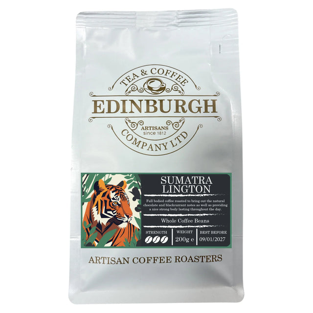 A white bag of Sumatra Lington Ground Coffee 200 g | Edinburgh Tea & Coffee Company featuring an illustration of a tiger, product information, and notes of chocolate and blackcurrant.