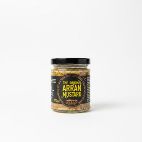 A 170g glass jar of Original Arran Wholegrain Mustard, featuring a black lid and a black label with yellow text.