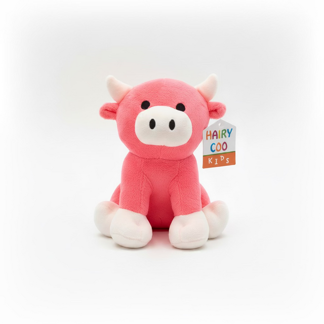 The Hairy Coo Kids Plush Toy is a pink plush cow with white horns, feet, and snout, black eyes, and a colorful "Hairy Coo Kids" tag. It sits upright against a plain white background.