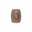 The Arran Pin Badge Made from Whisky Barrels features a wooden Isle of Arran shape mounted on a card resembling a whisky barrel, reading "Made in Scotland from whisky barrel wood"—a unique Scottish souvenir.