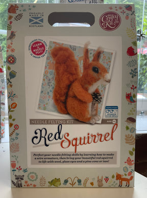 A CRAFTY KIT box shows a felted red squirrel photo with colorful forest animal illustrations. The text says "Red Squirrel Needle Felting Kit" and notes it's made in Scotland.