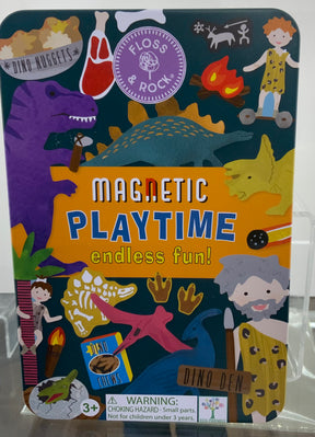 The Dino Magnetic Playtime toy tin features colorful dinosaur illustrations, cartoon characters, and playful icons. The text includes “endless fun!” and a warning about small parts: not for children under 3 years.