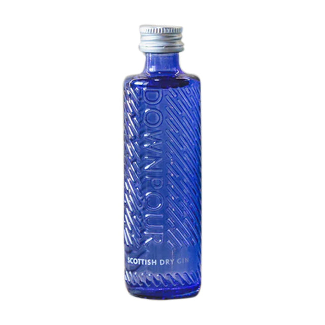 Downpour Scottish Dry Gin 5cl miniature in distinctive cobalt blue bottle, distilled by North Uist Distillery in the Outer Hebrides.