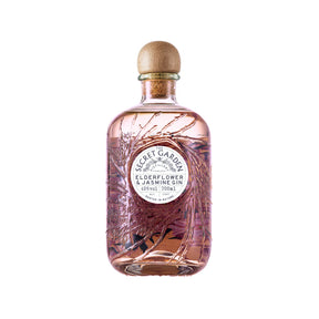 A clear bottle of Secret Garden Elderflower & Jasmine Gin (70cl) with a wooden cap and embossed botanical design features pale pink gin beneath a white label displaying the product name and details.