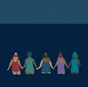 Five people in swimsuits and winter hats stand in shallow water, each wrapped in a Festive Friends Wild Swimming Tea Towel with a handy hanging loop, facing a starry night over a calm lake.