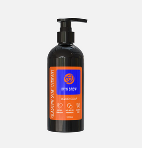 A black pump bottle labeled "Iron Brew Liquid Soap" by Glasgow Soap Company with an orange and blue label. Features Irn Bru fragrance, 250ml size, vegan friendly, SLS/paraben free, cruelty free—a perfect Scottish gift.