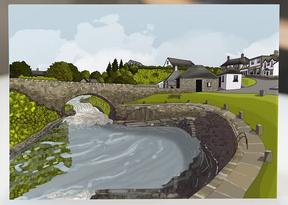 The Turadh Design Blackwaterfoot Print features a digital illustration of a stone house village and bridge over a waterfall, surrounded by lush greenery—capturing the timeless beauty of Scottish scenery.