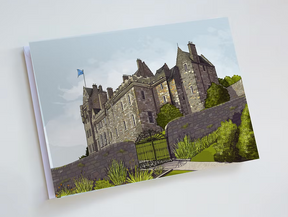 Illustration of Brodick Castle with chimneys, blue flag, stone wall, green bushes, and a yellow gate under a partly cloudy sky—featured on the Turadh Design Brodick Castle Card, ideal for sending unique greetings.