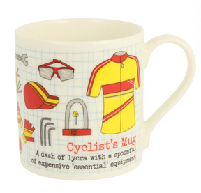 The Cyclists Bone China Mug is a white cycling mug featuring cycling-themed illustrations such as a jersey, sunglasses, helmet, lock, and pump. It is inscribed with: “Cyclist’s Mug. A dash of lycra with a spoonful of expensive ‘essential’ equipment.” This mug makes the perfect gift for cyclists and bike lovers alike.