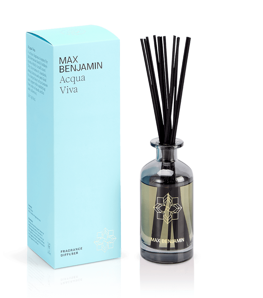 A Max Benjamin – Acqua Viva Diffuser with black reeds in a dark glass bottle is placed next to its blue packaging box.
