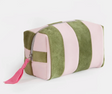 The Pink and Green Stripe Cube Cosmetic Bag features alternating pink and green vertical stripes, a zipper closure, and a pink ribbon pull tab, displayed against a white background.