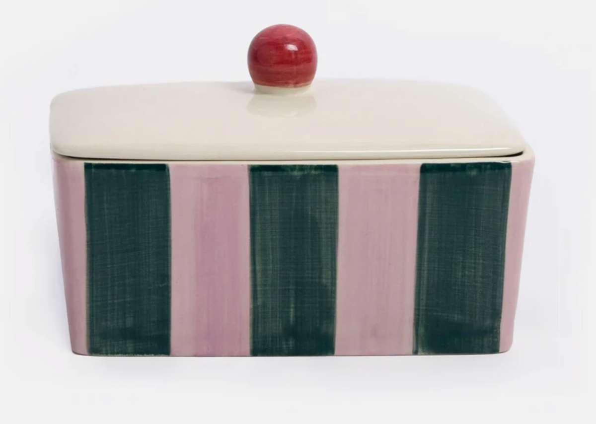 Caroline Gardner Pink & Dark Green Stripe Butter Dish