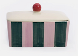Caroline Gardner Pink & Dark Green Stripe Butter Dish