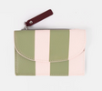The Green & Pink Stripe Cardholder Coin Purse features vertical light pink and olive green stripes, a maroon zipper pull, and visible white stitching, displayed against a plain light background.