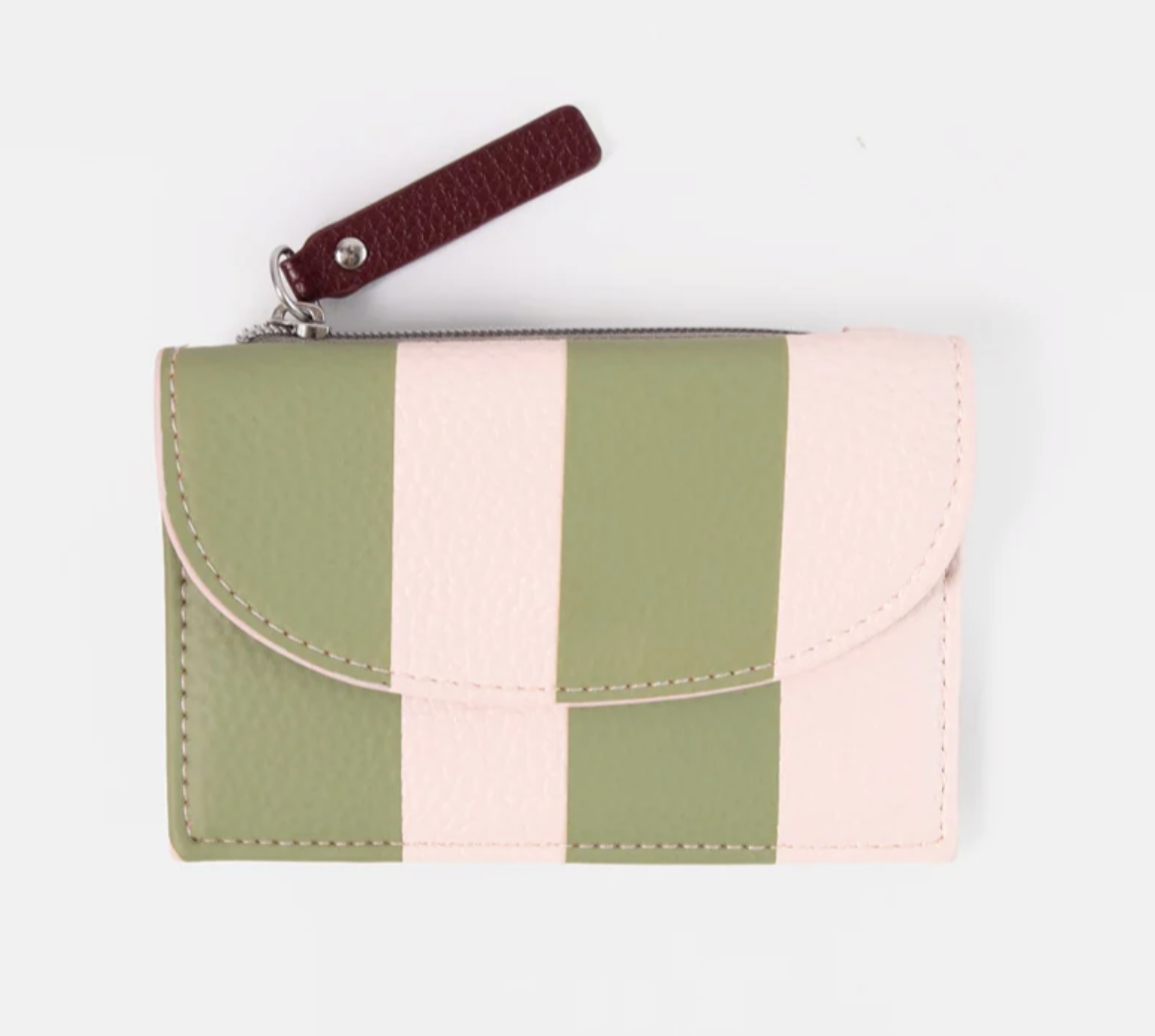 The Green & Pink Stripe Cardholder Coin Purse features vertical light pink and olive green stripes, a maroon zipper pull, and visible white stitching, displayed against a plain light background.