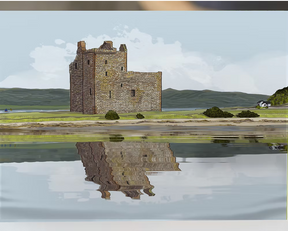 The Turadh Design Lochranza Castle Print features a stone castle by the shoreline, reflected in calm waters, with green hills and buildings in the background beneath a partly cloudy sky—ideal for Scottish travel art enthusiasts.