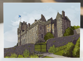 The Turadh Design Brodick Castle Print features an illustration of the castle with towers, chimneys, a blue flag, and lush greenery behind a stone wall—ideal as Isle of Arran or Scotland-themed wall art.
