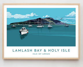 Lamlash Bay & Holy Isle Art Print by Catriona Tod depicts boats on calm blue water with Holy Isle and a serene sky in the background, beautifully presented in a light wood frame.