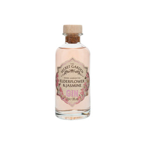 A clear glass bottle of Midi Elderflower & Jasmine Gin from Secret Garden Distillery has a cork stopper and a floral label with pink and gold text, showcasing this elegant gin's name and its 39% vol alcohol content.