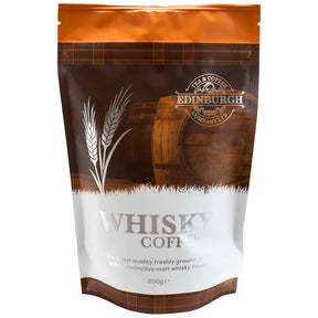 A standing 200g bag of Edinburgh Tea & Coffee Company Whisky Flavoured Ground Coffee, with images of wheat and a whisky barrel on a plaid brown background—ideal for fans of authentic Scottish coffee.