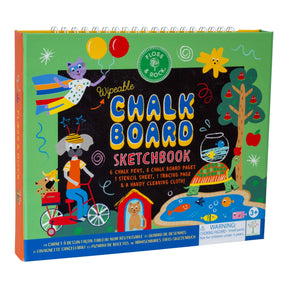 The “Pets Chalkboard Sketchbook” features a wipeable cover decorated with cartoon animals, a rainbow, trees, and assorted art supplies. This eco-friendly set comes with pens, a stencil sheet, tracing page, and cleaning cloth. Suitable for ages 3 and up.