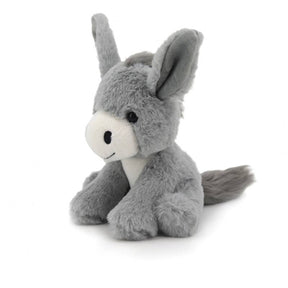 The Happy Donkey Soft Plush Toy - 18cm features a gray stuffed animal with large floppy ears, a white snout, and black stitched eyes, shown sitting on a white background.