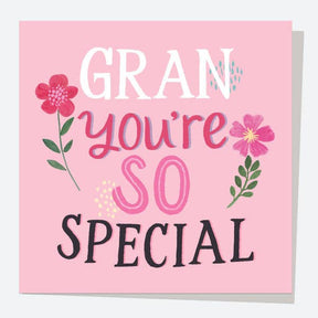 The Mother's Day Card - Typography - Gran You're So Special features pink and red flowers with green leaves and “Gran you’re so special” in stylish lettering—a perfect way to celebrate a special gran on Mother’s Day.