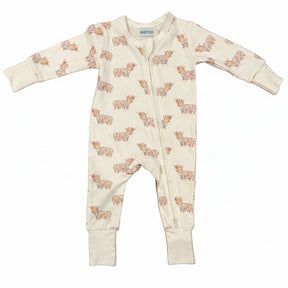 Baby onesie with highland cow pattern on a white background