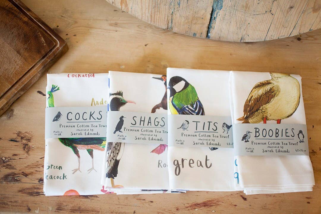 Sarah Edmonds Cocks Bird Cotton Tea Towel – illustrated design