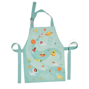 The ThreadBear Outer Space Apron is a light blue children's wipe-clean apron featuring rockets, planets, stars, and playful astronauts for fun, mess-free adventures. Perfect for little space explorers!.