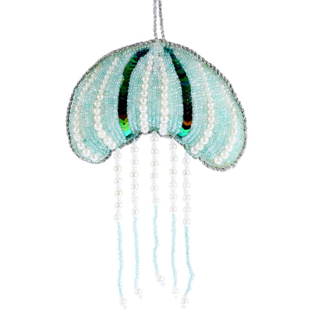 Beaded Aqua Jellyfish Hanging Decoration crafted from light blue beads, pearls, and iridescent sequins with hanging beaded tentacles for coastal decor.