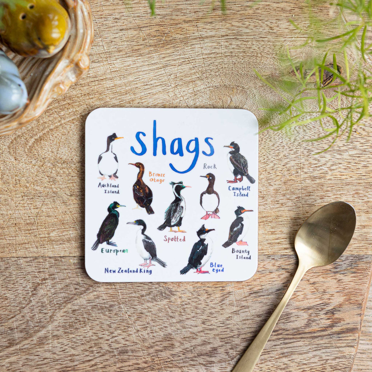 Sarah Edmonds Shags Bird Coaster – illustrated design
