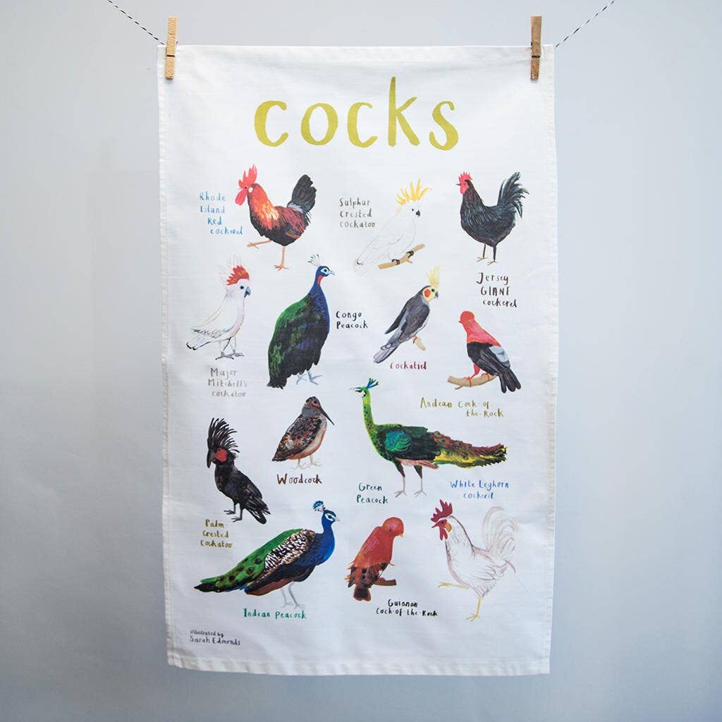 Sarah Edmonds Cocks Bird Cotton Tea Towel – illustrated design