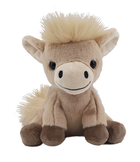 The Pony Beige Soft Plush Toy -18cm features light brown fur, a cream mane and tail, big black eyes, and a cheerful smile. Sitting upright against a plain white background, it makes an ideal gift for any occasion.