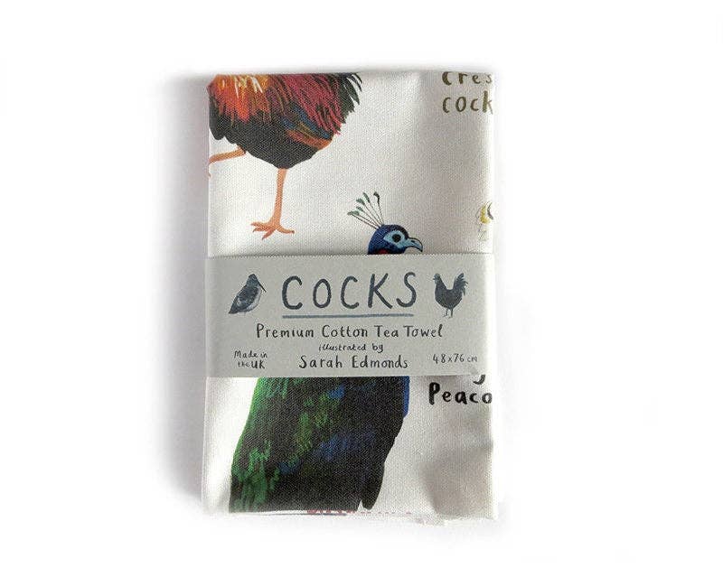Sarah Edmonds Cocks Bird Cotton Tea Towel – illustrated design