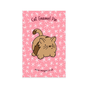 Cat Enamel Pin Badge: a cute brown cat with dark brown markings, displayed on a pink card with white stars. Card reads "Cat Enamel Pin" and "neon-magpie.co.uk". The perfect pin badge from Neon Magpie!.