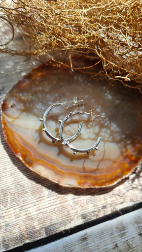 A pair of Dewdrop Hoop Earrings with small studs rests on a polished agate slice, surrounded by dried twigs on wood. Sunlight casts intricate shadows and highlights the stone’s natural patterns.