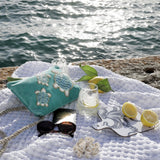 Turquoise velvet pouch bag with beaded turtles by Cream Cornwall – product image 2