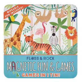 The Jungle Magnetic Fun and Games Compendium comes in a colorful tin featuring illustrated jungle animals—including a giraffe, tiger, zebra, lion, flamingo, sloths, and parrot—with the text: “Magnetic Fun & Games, 4 Games in 1 Tin! Wipeable pen included!” This set is perfect for magnetic games on the go and makes an ideal portable travel game for endless fun anywhere.