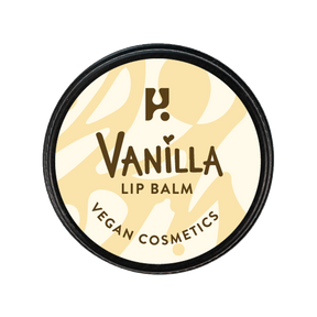 A round container of cruelty-free Lip Balm Vanilla with beige abstract patterns and bold brown text reading "Lip Balm Vanilla" and "Vegan Cosmetics" on the label.
