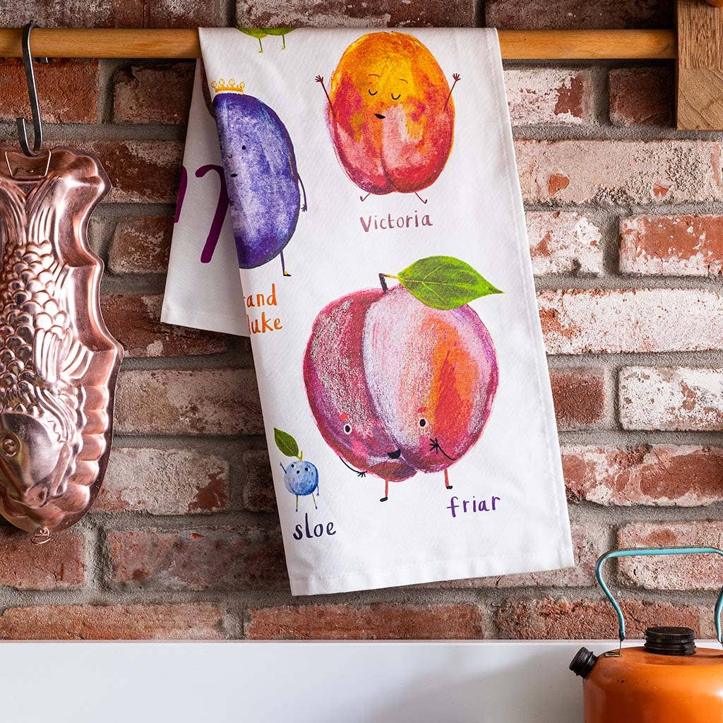 Sarah Edmonds Plums Cotton Tea Towel – illustrated design