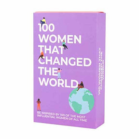 A purple box titled "100 Women That Changed the World" shows illustrated women around the text and a globe. Made in the UK, this set honors 100 influential women—an inspiring gift.