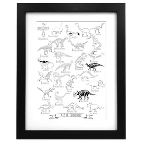 The Dinosaur Alphabet Art Print is a framed black-and-white children’s wall art displaying labeled dinosaurs from A to Z, with a banner at the bottom that reads "A-Z of Dinosaurs.